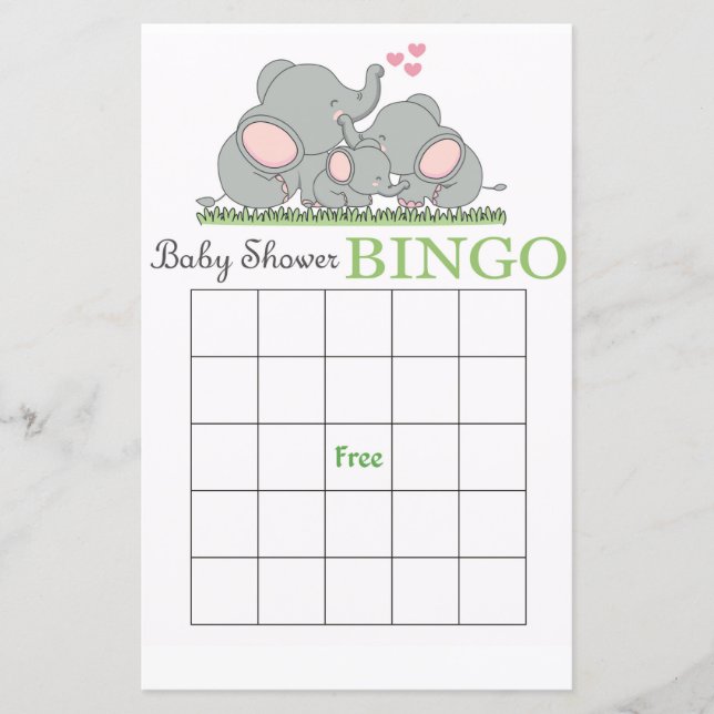 Elephant baby shower bingo card (Front)