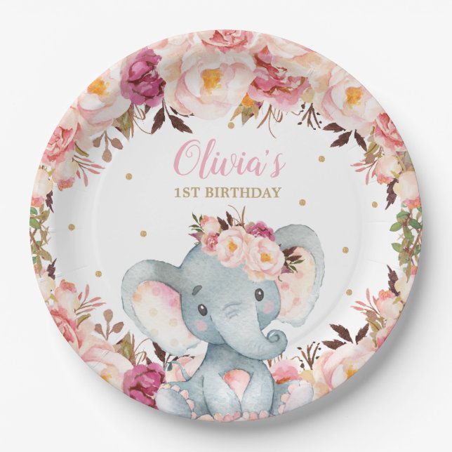 Elephant Baby Shower Birthday Blush Floral 9"  Paper Plate (Front)
