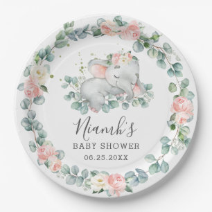Elephant Baby Shower Birthday Floral Greenery Girl Paper Plate