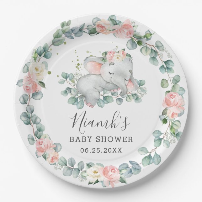 Elephant Baby Shower Birthday Floral Greenery Girl Paper Plate (Front)