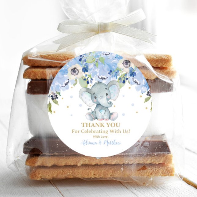Elephant Baby Shower Blue Floral Thank You Favour Classic Round Sticker (Creator Uploaded)