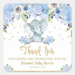 Elephant Baby Shower Blue Floral Thank You Favour Square Sticker