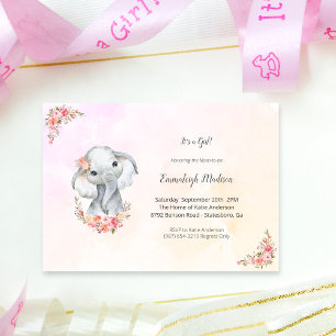 Elephant Baby Shower Boho Chic Coral Watercolor Invitation