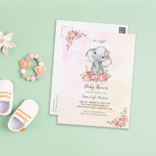 Elephant Baby Shower Boho Chic Coral Watercolor Postcard
