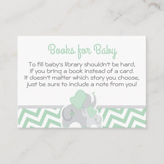 Elephant Baby Shower Book Card Mint Green Chevron (Front)