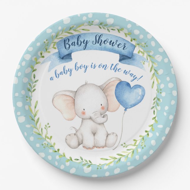 Elephant Baby Shower Boy in Watercolour Blue PLATE (Front)