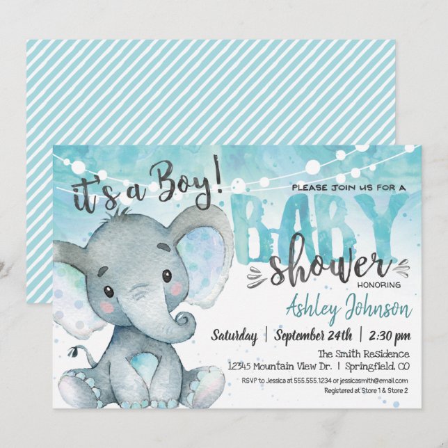 Elephant Baby Shower Boy Invitation (Front/Back)
