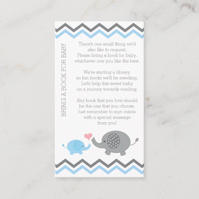 Elephant Baby Shower Bring a Book Insert Blue Boy (Front)