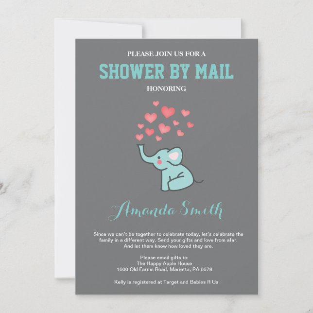 Elephant Baby Shower by Mail Aqua and Grey Invitation (Front)