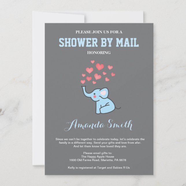 Elephant Baby Shower by Mail Blue and Grey Invitation (Front)