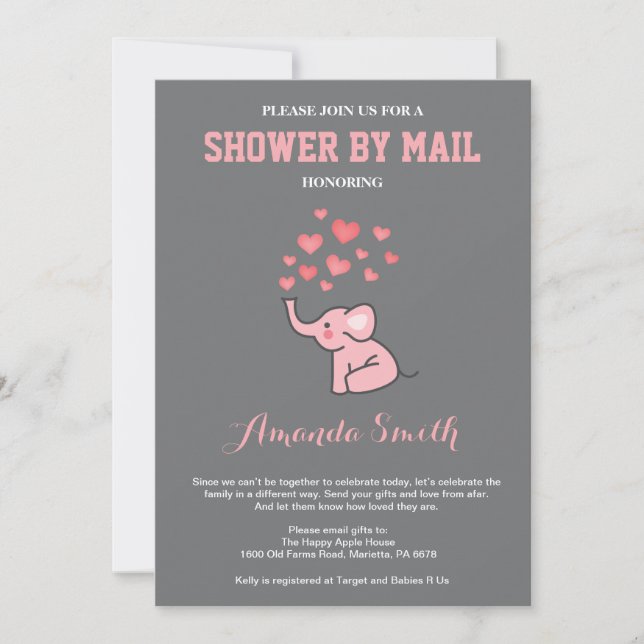 Elephant Baby Shower by Mail Pink and Grey Invitation (Front)