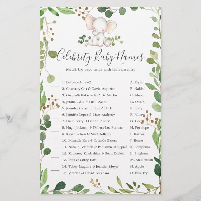 Elephant Baby Shower Celebrity Baby Names (Front)