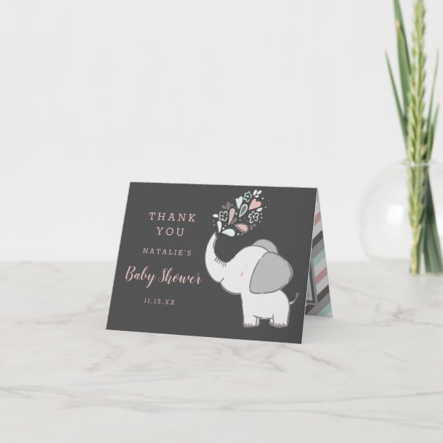 Elephant Baby Shower Cute Pink & Grey Thank You Note Card (Front)