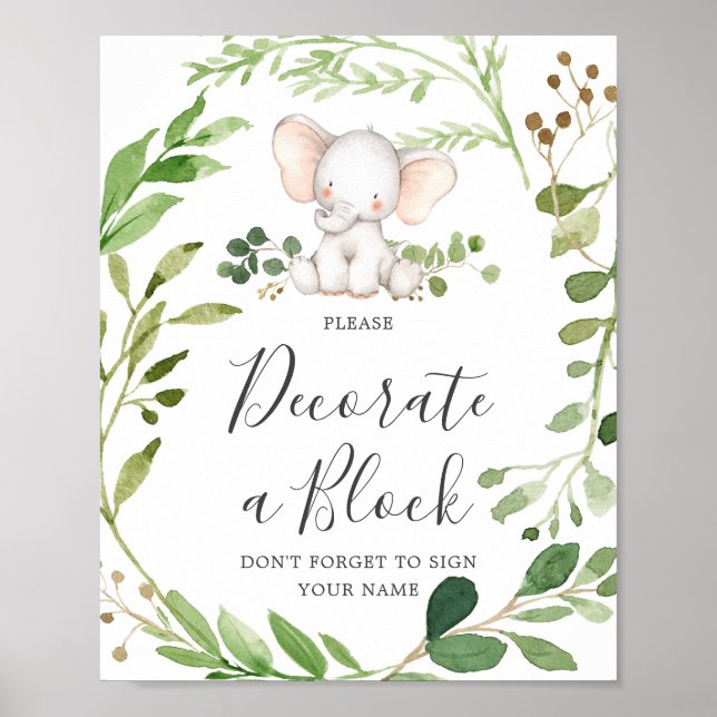 Elephant Baby Shower Decorate A Block Sign (Front)