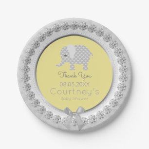 Elephant Baby Shower Elegant Yellow Grey Thank You Paper Plate