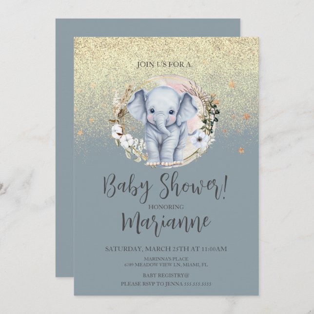 Elephant Baby Shower Faux Gold Glitter Dusty Blue Invitation (Front/Back)