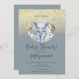 Elephant Baby Shower Faux Gold Glitter Dusty Blue Invitation