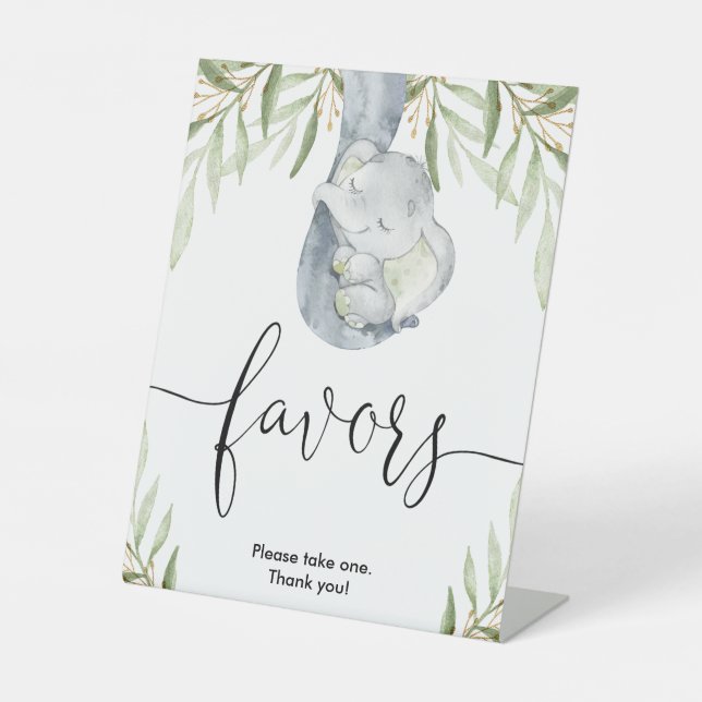 Elephant baby shower favours sign greenery gold  (Front)