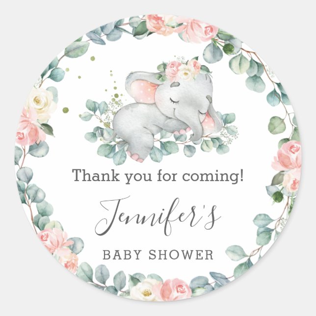 Elephant Baby Shower Floral Greenery Thank You Classic Round Sticker (Front)