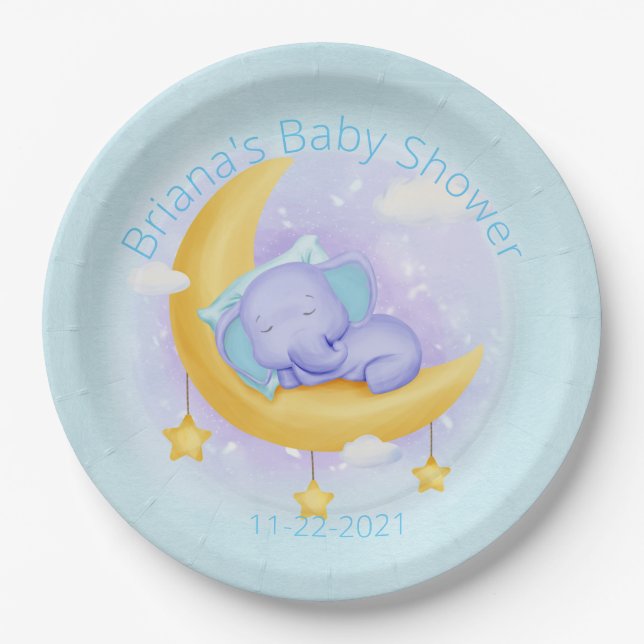 Elephant Baby Shower for a Boy in Blue Paper Plate (Front)