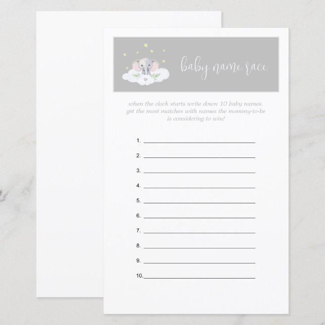Elephant Baby Shower Game Guessing Game Grey (Front/Back)