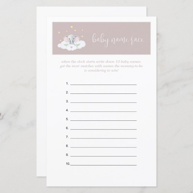 Elephant Baby Shower Game Guessing Game Pink (Front/Back)
