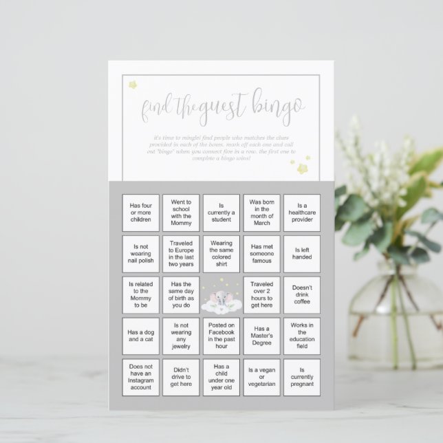 Elephant Baby Shower Game Guest Bingo (Standing Front)