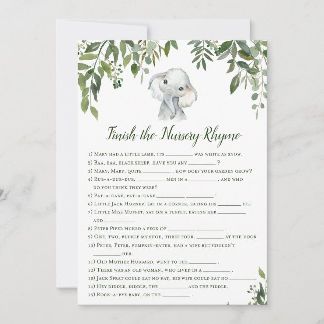 Elephant Baby Shower Game w answer back 5x7 size Invitation (Front)