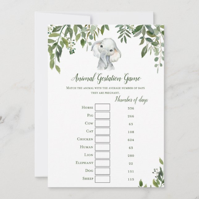Elephant Baby Shower Game w answer back 5x7 size Invitation (Front)