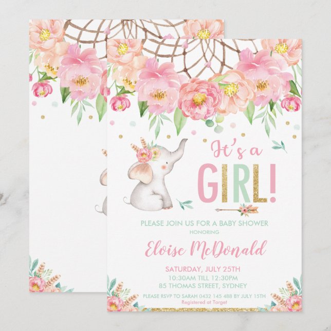 Elephant Baby Shower Girl Boho Pink Mint Floral Invitation (Front/Back)