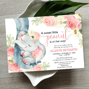 Elephant baby shower girl floral pink cream invitation