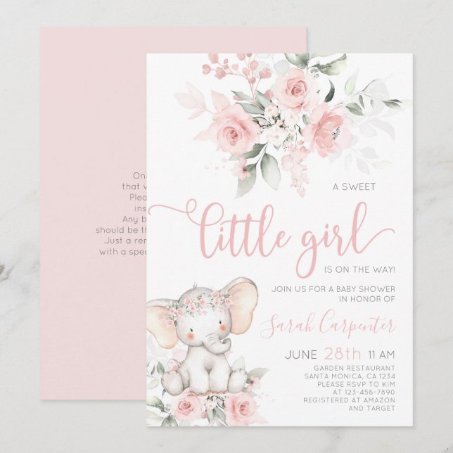 Elephant Baby Shower Girl Invitation (Front/Back)