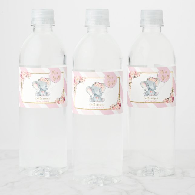 Elephant Baby Shower Girl Pink Water Bottle Label (Bottles)