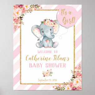 Elephant Baby Shower Girl Pink Welcome Poster Sign