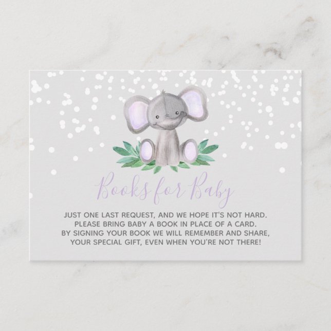 Elephant Baby Shower Girl Purple Books for Baby Enclosure Card (Front)