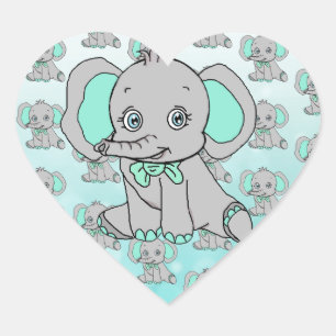 Elephant Baby Shower Grey and Teal Heart Sticker