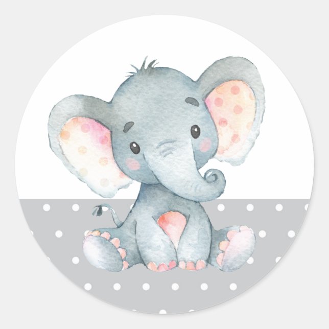 Elephant Baby Shower Grey Classic Round Sticker (Front)