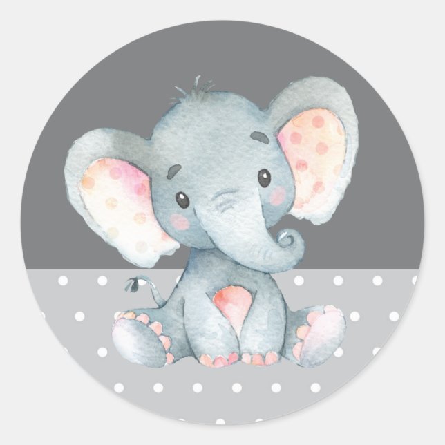 Elephant Baby Shower Grey Classic Round Sticker (Front)