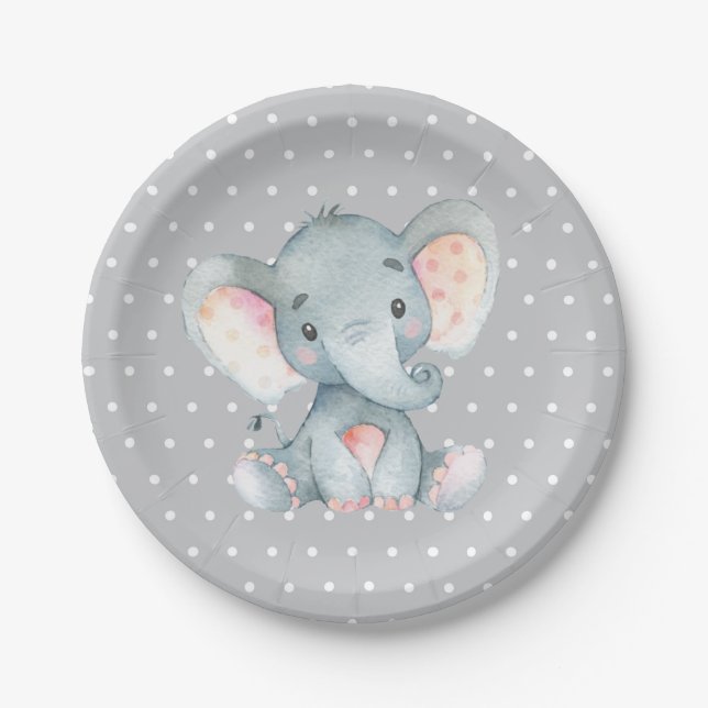 Elephant Baby Shower Grey Paper Plate (Front)