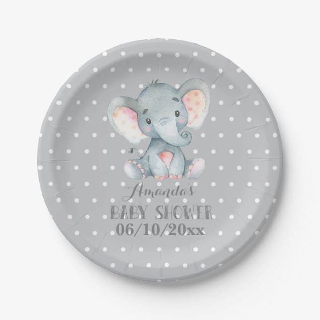 Elephant Baby Shower Grey Paper Plate (Front)