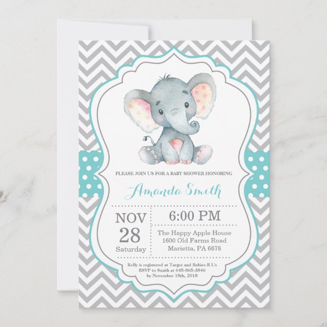 Elephant Baby Shower Invitation Aqua and Grey (Front)