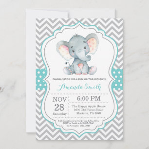 Elephant Baby Shower Invitation Aqua and Grey