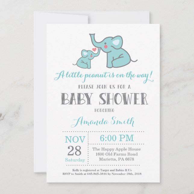 Elephant Baby Shower Invitation Aqua and Grey (Front)