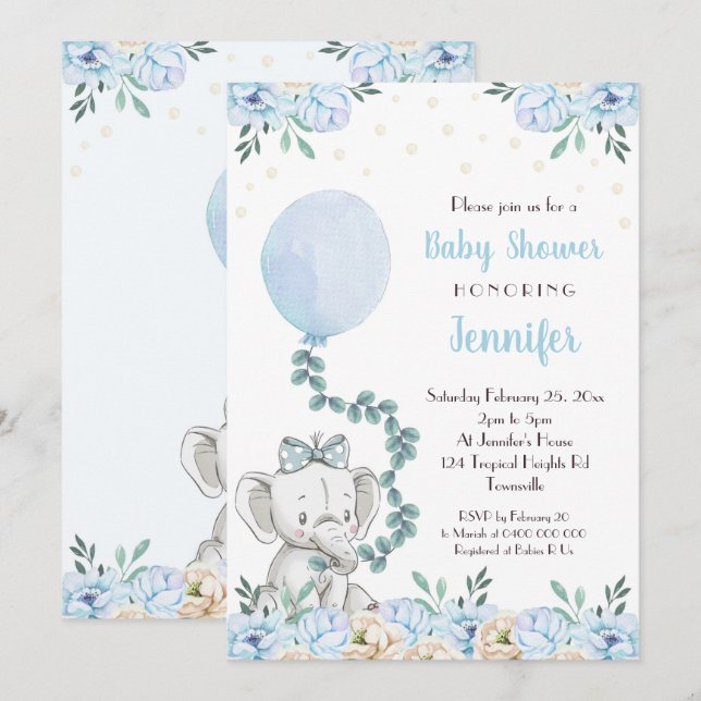 Elephant Baby Shower Invitation Balloons Blue Baby (Front/Back)
