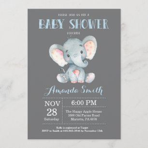Elephant Baby Shower Invitation Blue and Grey