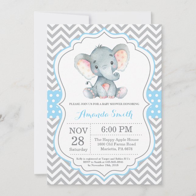 Elephant Baby Shower Invitation Blue and Grey (Front)