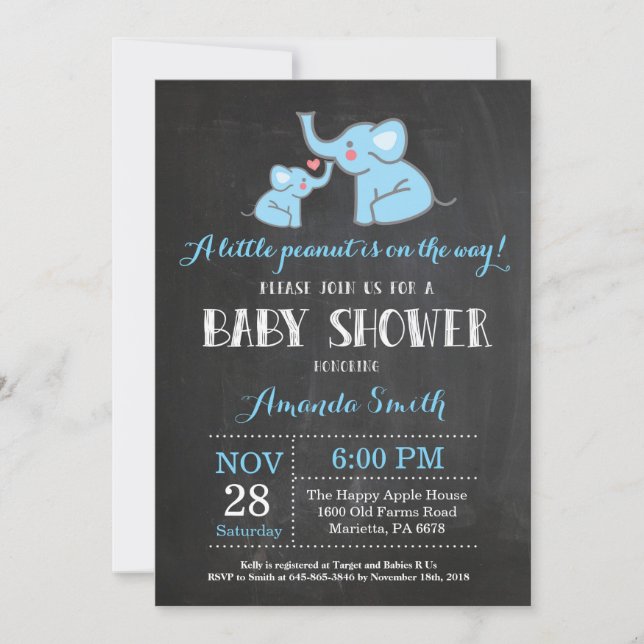 Elephant Baby Shower Invitation Blue and Grey (Front)