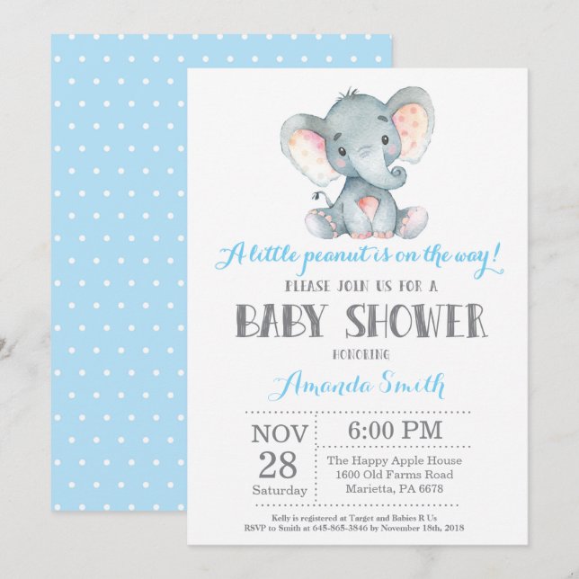 Elephant Baby Shower Invitation Blue and Grey (Front/Back)