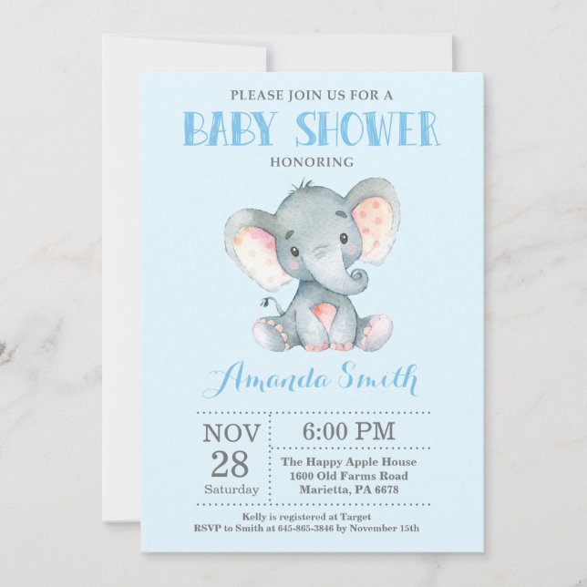 Elephant Baby Shower Invitation Blue and Grey (Front)