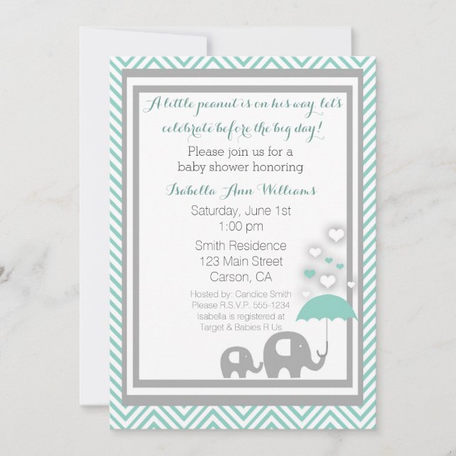 Elephant Baby Shower Invitation- Blue and Grey Invitation (Front)